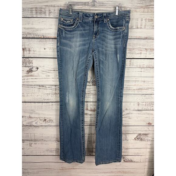 Miss Me Bootcut Jeans Light Wash Mid Rise Y2K Stretch Bedazzled Rhinestones 33 - Picture 2 of 12